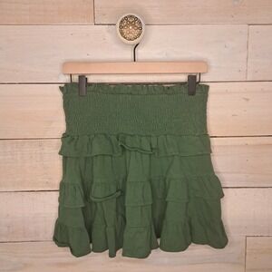 Earthbound Boho-Chic Tiered Ruffle Mini Skirt Medium Olive Green Coquette EUC